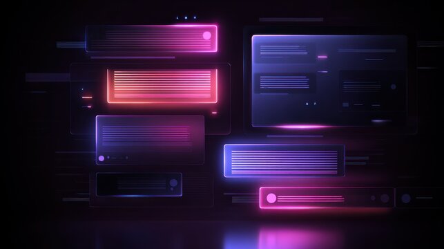 Neon glowing chat interface windows on a dark digital background