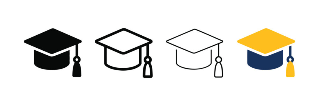 Graduation cap icon set in different styles including solid outline and color isolated on white background