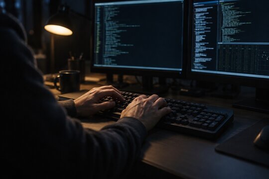 Hacker's hands typing on a keyboard in a dark room with multiple monitors displaying code