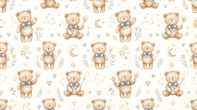 Seamless Christmas Pattern with Cute Teddy Bears and Festive Holiday Ornaments
