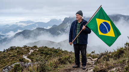 Obraz premium Elderly man with Brazilian flag on mountain