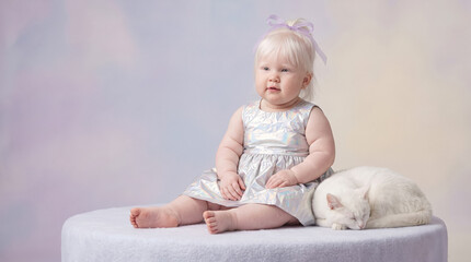 Fototapeta premium Baby girl with albino cat