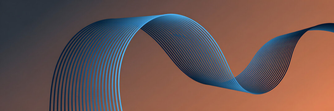 Abstract 3d render of a flowing blue ribbon composed of thin parallel lines against a warm orange and dark blue gradient background surface