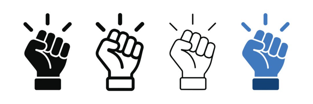 Raised fist icons set showing power and protest symbols in black and blue styles on white background