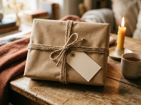 Gift box wrapped in brown paper with twine and tag