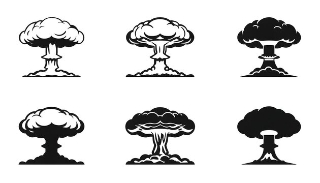 Set of six high-contrast black and white mushroom cloud explosion icons in vector style