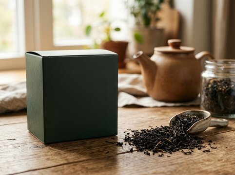 Green tea sachet box with loose leaves and teapot on table