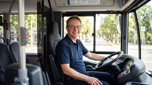 Smiling male bus driver seated at the wheel of a modern public transit vehicle, working inside the driver's cabin in bright daytime light in an urban setting