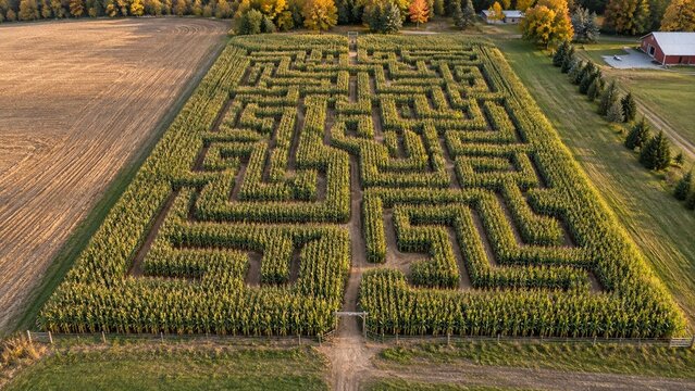 Aerial view of a complex corn maze design in a rural field during autumn