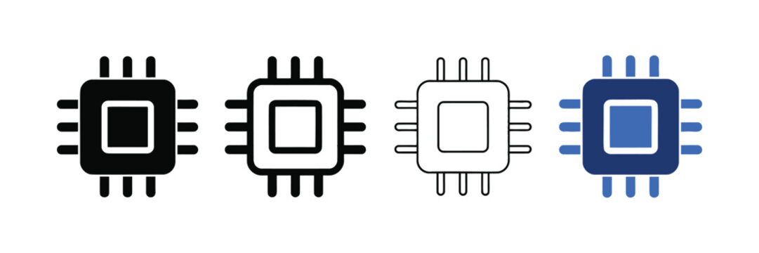 CPU processor icon set representing computer technology microchips in various digital design styles