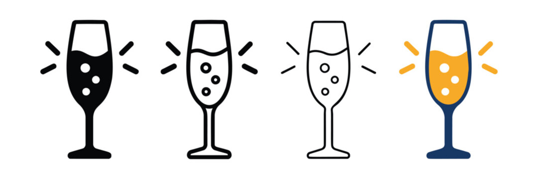 Champagne glass vector icons set showcasing different styles and outline variations for celebration design concepts