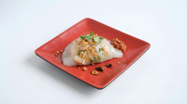 Chinese Indonesian dish or the choi pan (rice flour dumpling filled with vegetables) on red plate. Singkawang and Pontianak of West Borneo region food