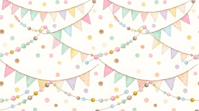 Pastel party bunting seamless pattern with colorful triangular flags and decorative garlands