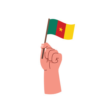 Cameroon Flag Waving in Raised Fist Symbolizing National Pride