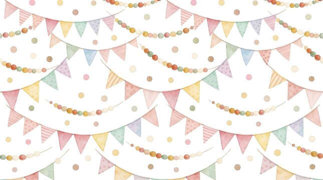 Pastel party bunting seamless pattern with colorful triangular flags and decorative garlands