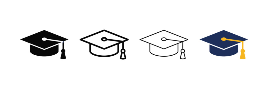 Graduation cap icon set in various styles including solid outline and color graduation hats on white background