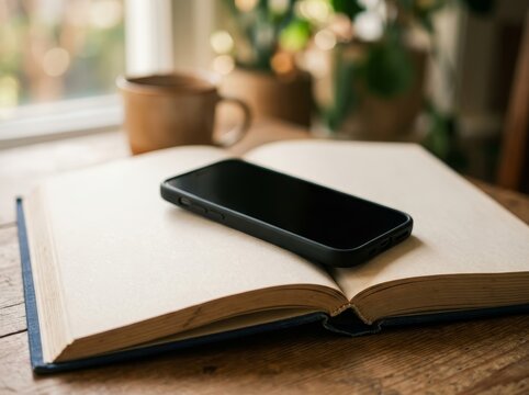 Phone rests on an open book with a coffee mug nearby