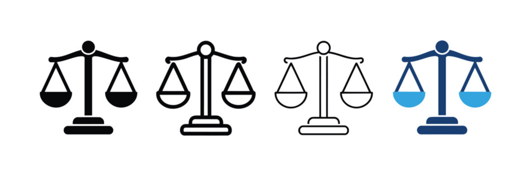 Scales of justice icon set displaying law and legal symbols with various design styles on white background