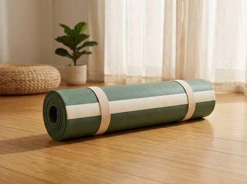Rolled green yoga mat with white stripe for fitness