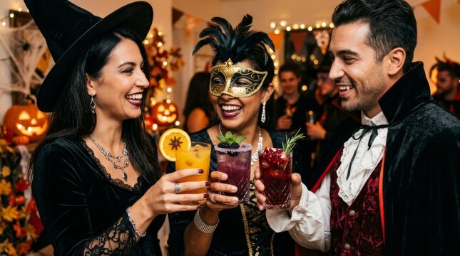 Stylish adult friends in Halloween costumes raising colorful cocktails at a festive masquerade party