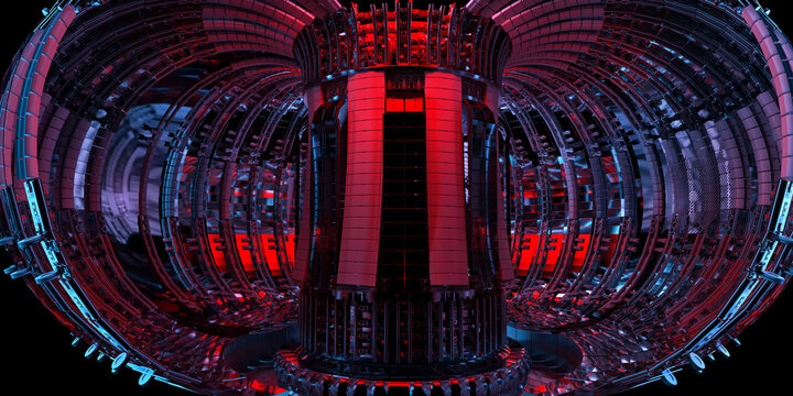 Fusion reactor, nuclear fusion, tokamak, fusion energy and futuristic power technology with a toroidal plasma chamber, magnetic systems and advanced industrial engineering, 3D illustration