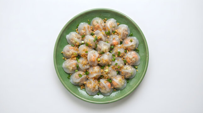 Choi pan dumplings, thinly layers of rice flour stuffed with vegetables served on a green plate from high angle on clean white. Indonesian food and Asian dumplings assets