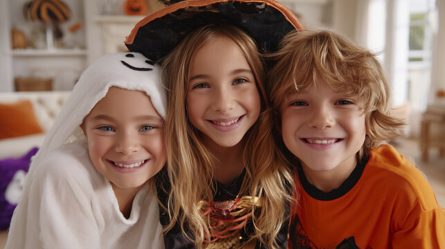 Three cheerful children wearing ghost, witch and pumpkin Halloween costumes smile together during a cozy family celebration at home.