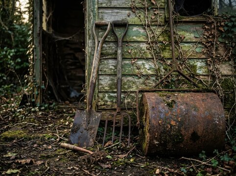 Old rusty garden tools leaning against a weathered wooden shed in a forest