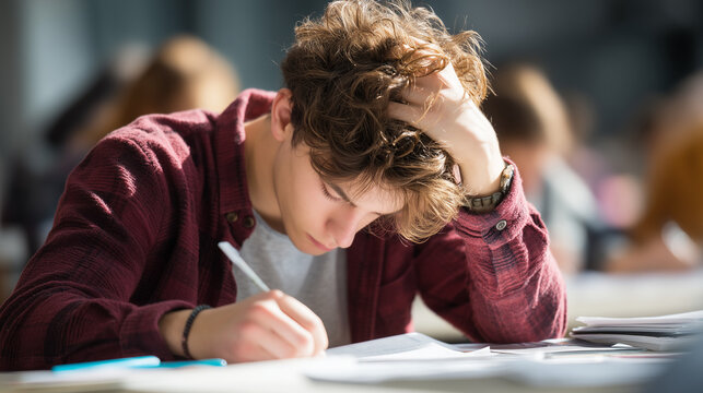 Exhausted schoolboy writing homework while holding his head in frustration. Concept of academic pressure, difficult assignments, student burnout, concentration problems and education stress.