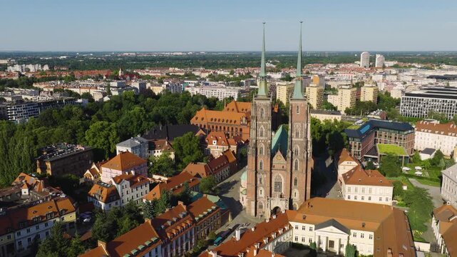 Panoramic aerial view of Cathedral Island Ostrow Tumski at Odra River with Saint John Baptist Cathedral and historic old town district in Wroclaw in Poland
