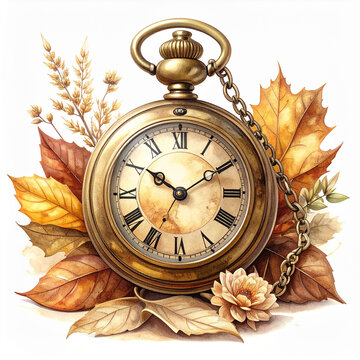 Watercolor antique brass pocket watch, Roman numerals dial, skeleton gears movement. Orange maple leaves twigs, yellow chrysanthemums, isolated white background.