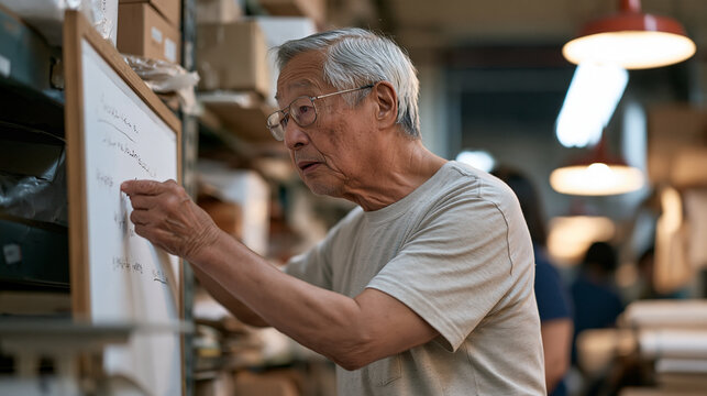 Elderly night watchman brainstorming warehouse patrol improvements on a whiteboard in a vibrant market district storage facility, a precision scale weighing confiscated parcels