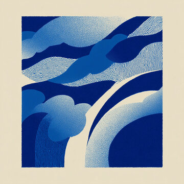 Abstract blue waves and clouds in wabi sabi linocut style