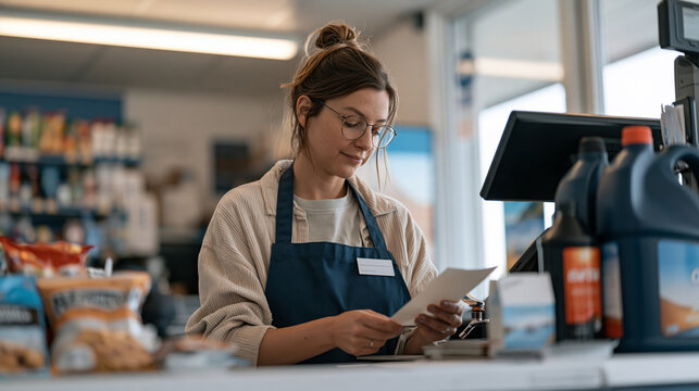 Scottish female petrol station cashier behind a convenience store counter surrounded by snacks, motor oil, and travel essentials, fluorescent interior lighting, customer