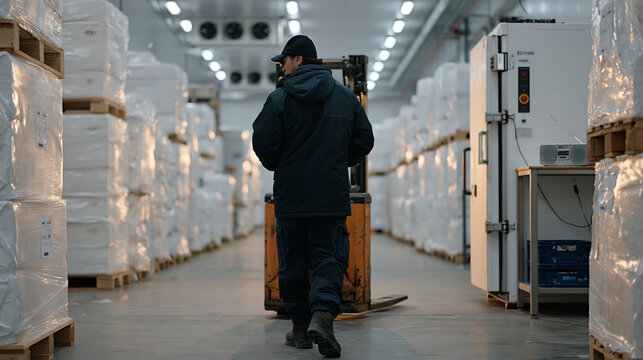 Livestock farmer closing a warehouse cold storage facility at twilight blue hour, a portable radio playing softly on a shelf, wide establishing shot of the entire refrigerated
