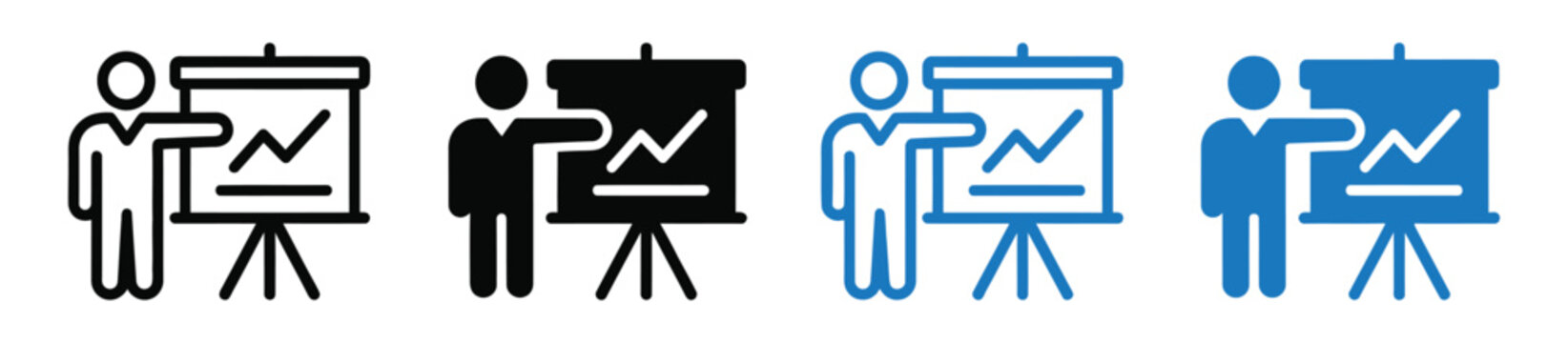 Business presentation vector icons set featuring presenter explaining financial growth chart on flipchart whiteboard