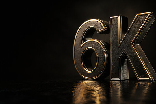 Gold-colored "6K" text is displayed on a dark, reflective surface against a black background.