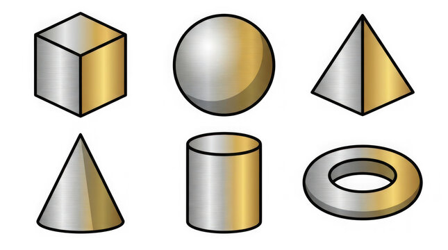 Set of six geometric shapes with reflective metallic surfaces on transparent background transparent background