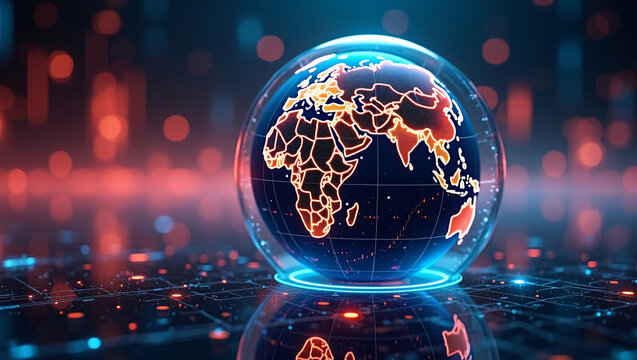 Futuristic glowing digital globe with orange neon continent outlines, blue light ring, dark reflective tech background and bokeh lights.