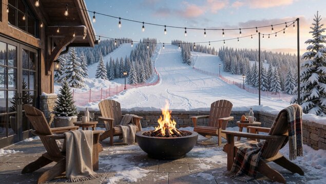 Beautiful winter snowy mountain landscape sky blue sun setting casting warm glow foreground there large fire p