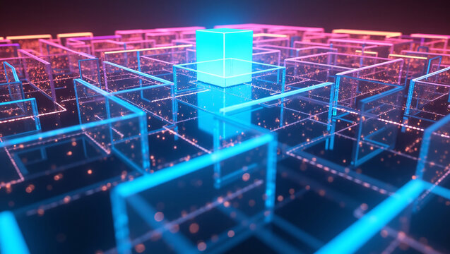 Luminous cyan cube in the center, surrounded by glowing transparent blue square frames, futuristic digital grid with floating spark particles.