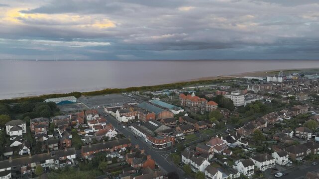 Aerial view of coastal town at twilight