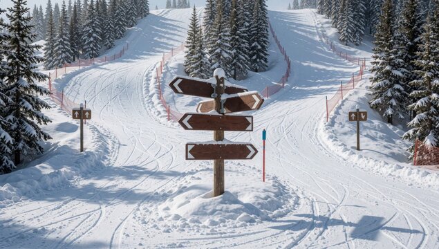 Wooden signpost multiple arrows pointing different directions snowy mountain located middle landscape trees ei