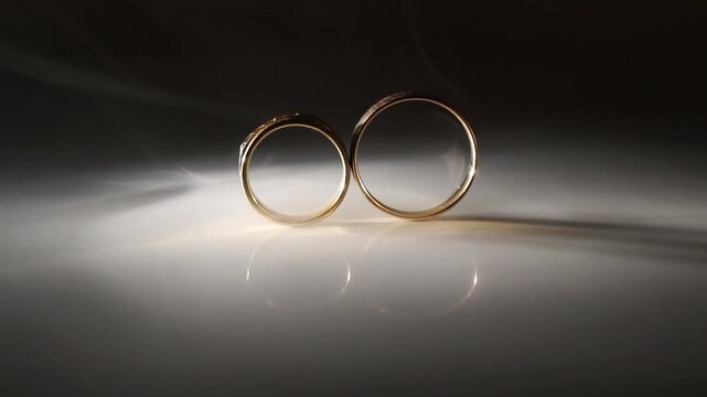 Elegant gold wedding rings positioned on a reflective surface, showcasing intricate designs and soft lighting, capturing the essence of love and commitment in a beautifully composed scene