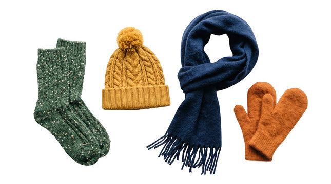 Winter knitwear set including socks hat scarf and mittens as isolated on transparent background