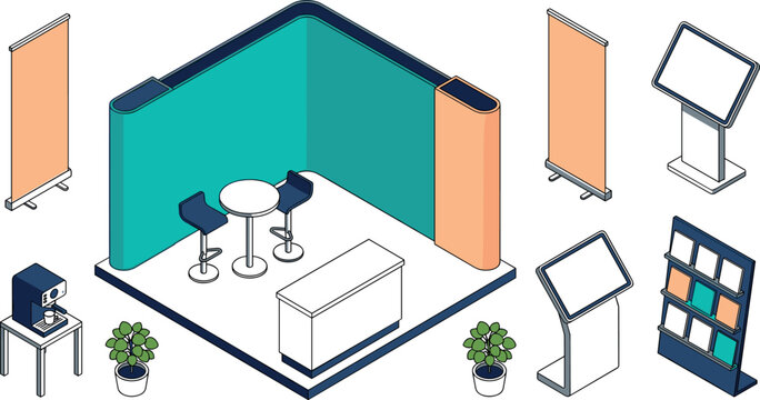 Isometric Trade Show Exhibition Booth and Expo Stand Element Set with Roll Up Banners Information Kiosk Counter and Brochure Rack Vector Illustrations