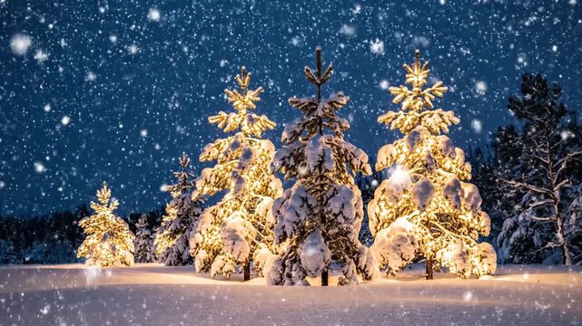 Winter landscape with glowing trees