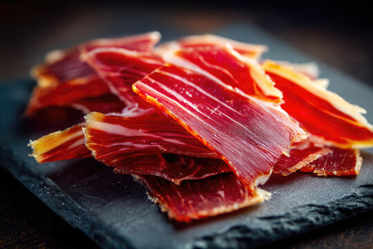 Thinly sliced Spanish Iberico ham, Jamon Iberico, cut from the foreleg of a pig, close‑up.