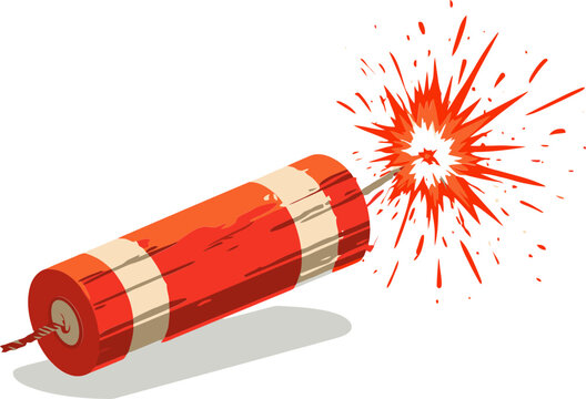 Dynamite stick explosive vector. Red TNT explosive device with burning fuse and fiery spark. Cartoon illustration for gaming projects, hazard concepts, and destructive energy.