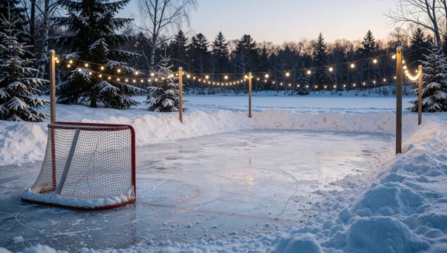 Empty ice hockey rink middle snowy landscape surrounded trees covered snow there string lights hanging sky blu
